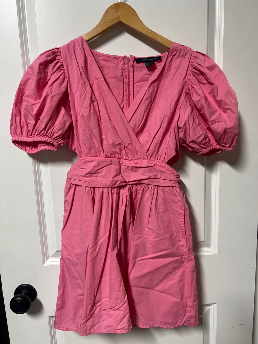 French Connection Mini Dress, Pink, Small, Side Cutout, Faux Wrap, Puff Sleeves